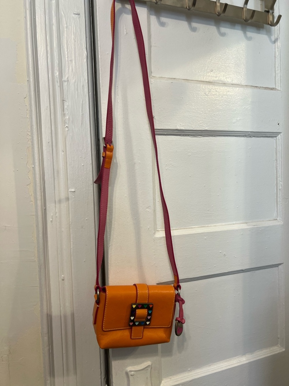 Vintage Rare Dooney & Bourke Orange Crossbody with Pink Strap and Heart Buckle